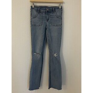 American Eagle Jeans Womens size 0 Blue Stretch Denim Kick Boot Raw Hem 2022